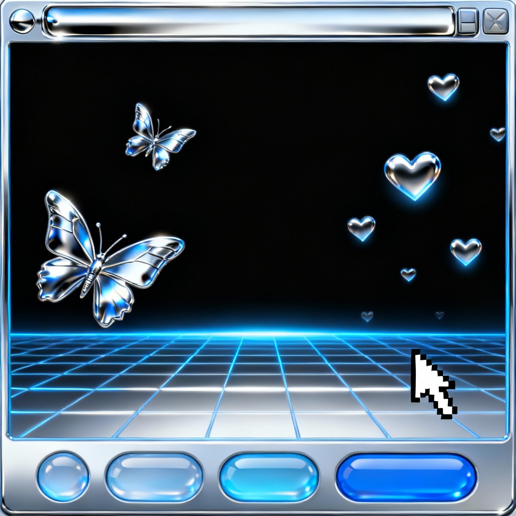 AI Y2K desktop wallpaper with retro UI windows and neon grid