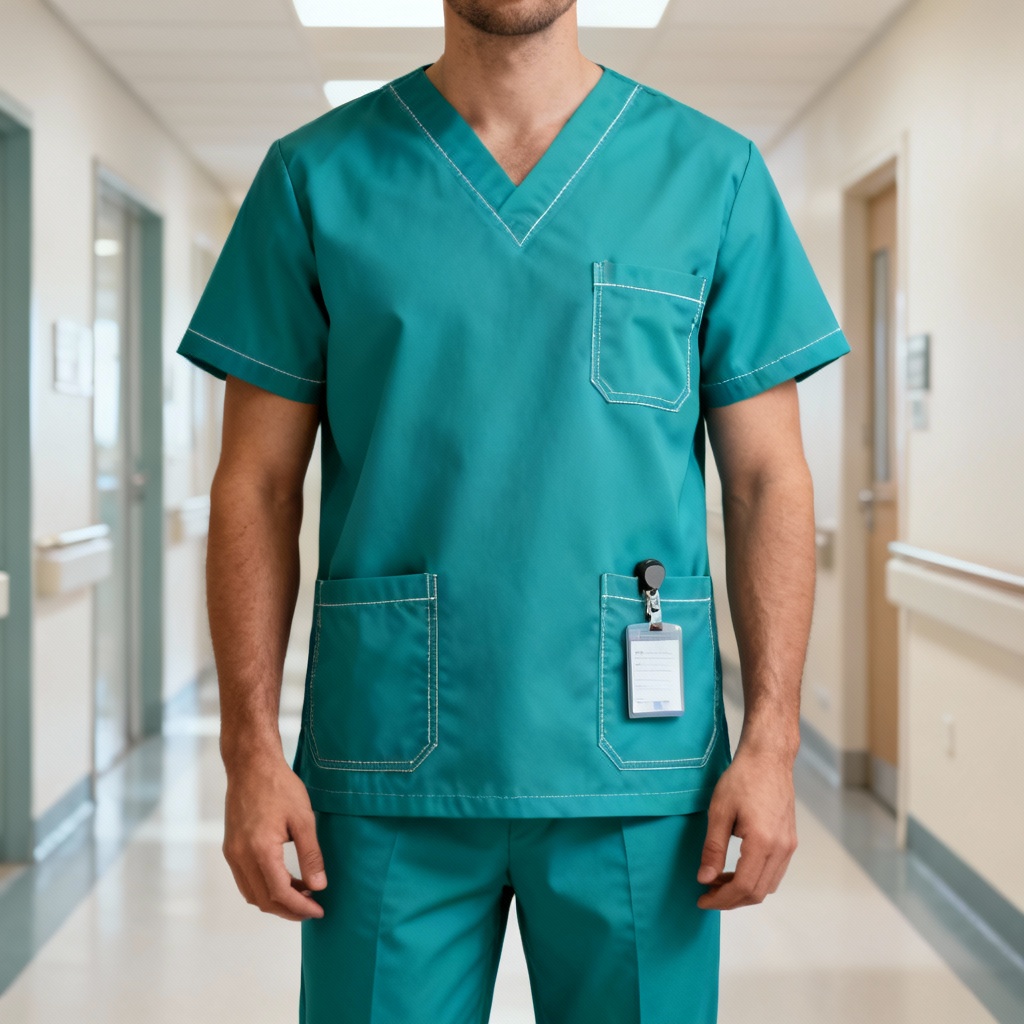 AI medical scrubs uniform in teal with ID badge