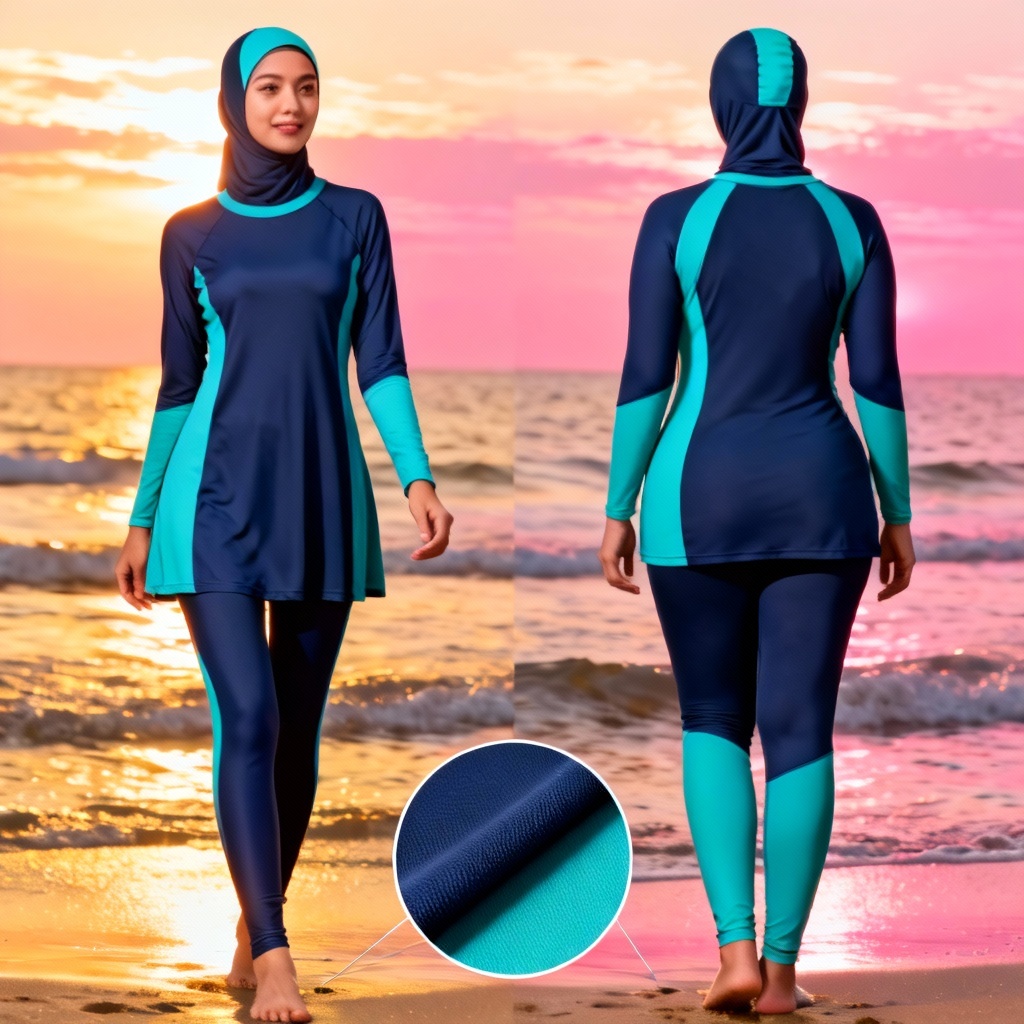 AI modest surf burkini set in navy and teal