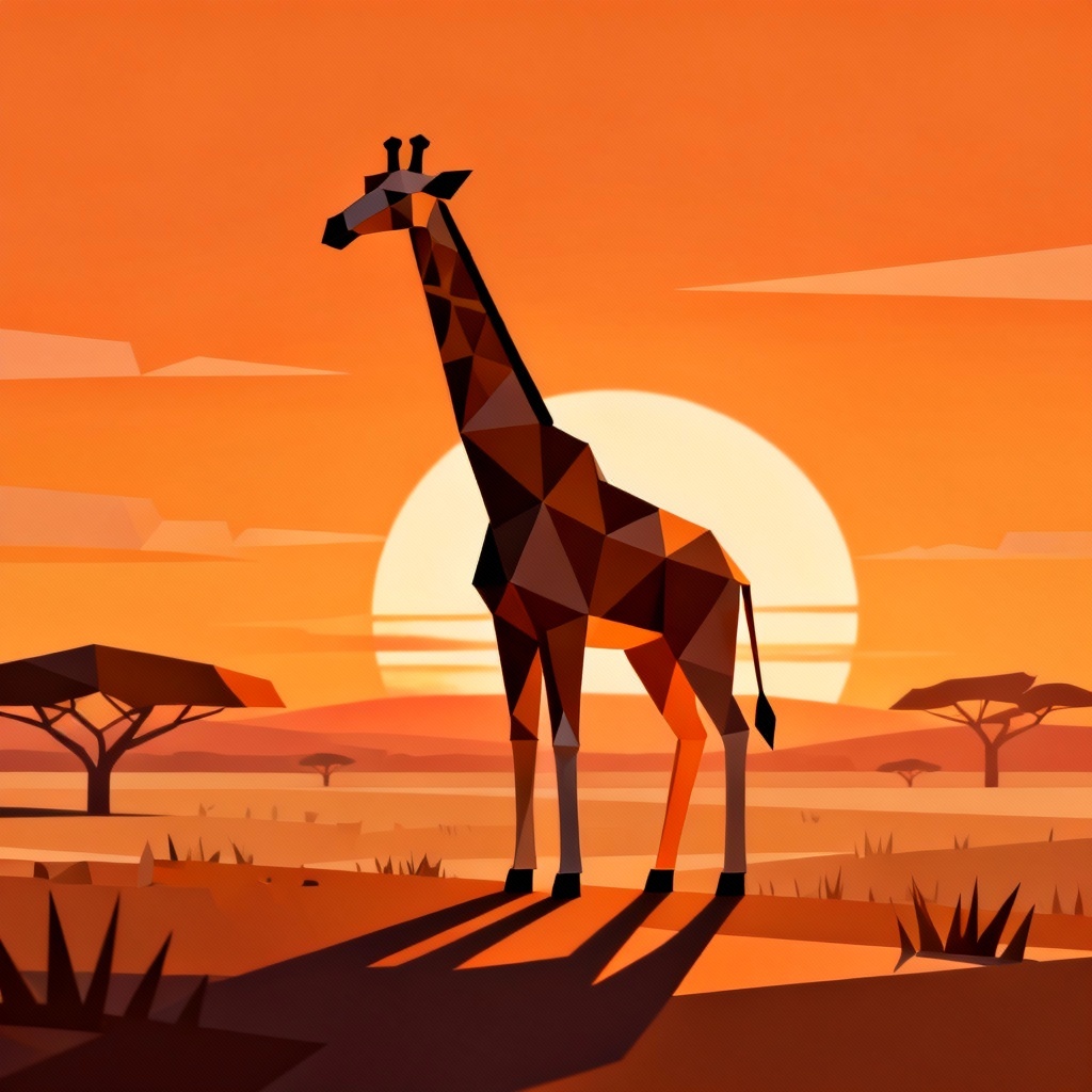 Low-poly 3D giraffe on a sunset savanna