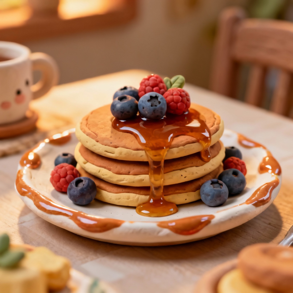 AI clay breakfast scene with pancakes and berries