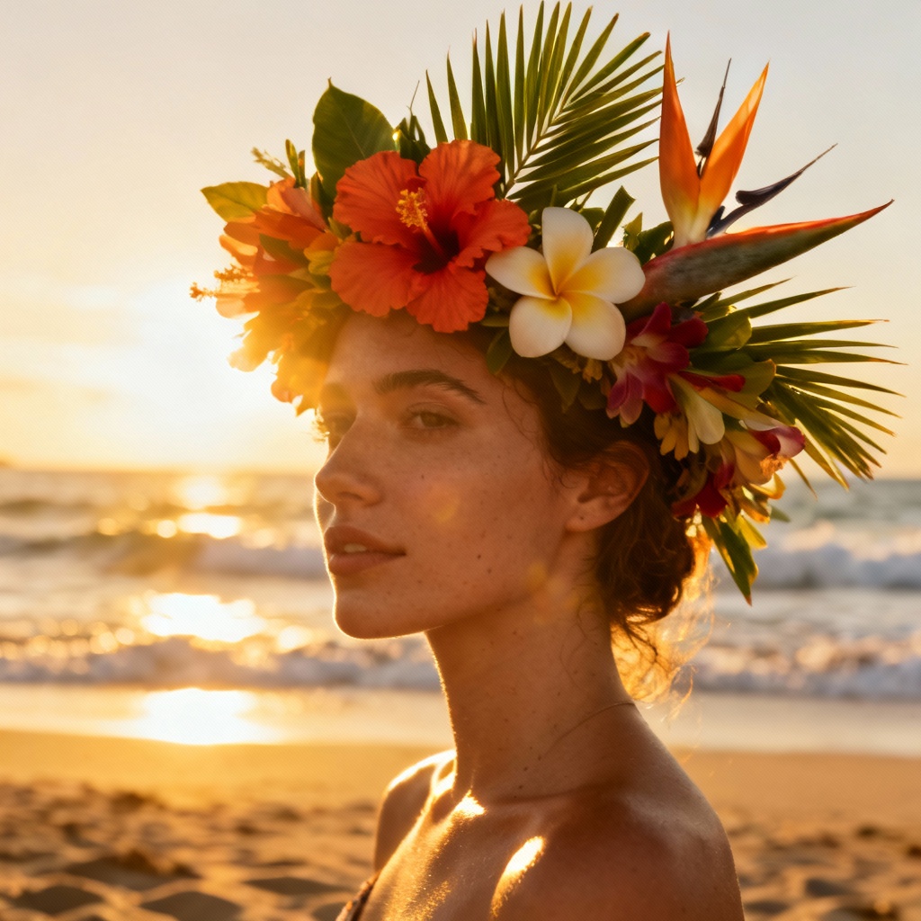 AI tropical hibiscus flower crown at the beach