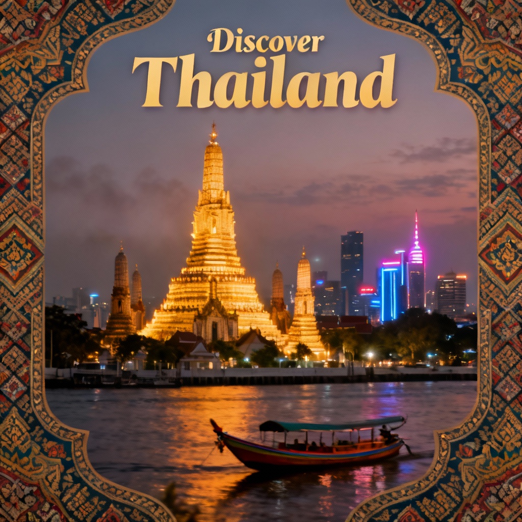 AI Thai temple poster at dusk over Bangkok