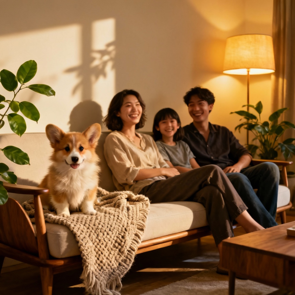 AI cozy living room family with corgi puppy