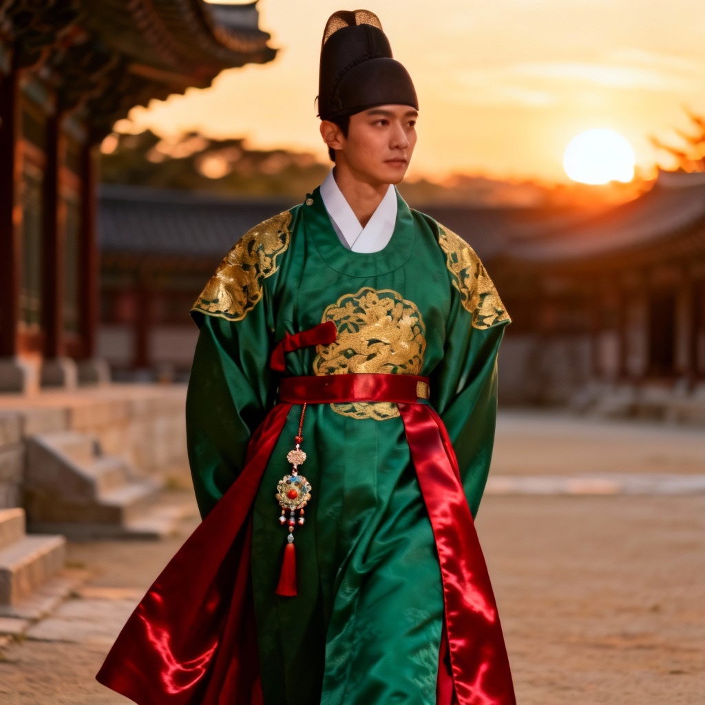 AI portrait of a royal Joseon hanbok with embroidered jeogori and crimson chima
