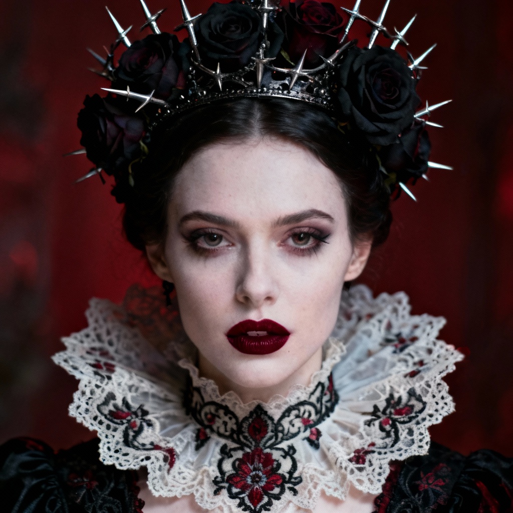 AI Gothic Rose Queen portrait with lace and thorns