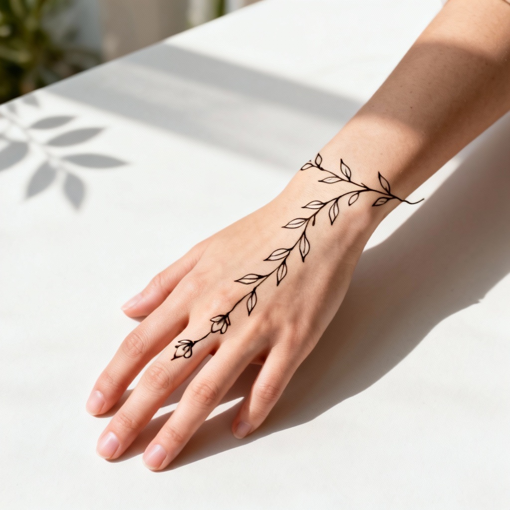 Minimal Arabic vine henna on back of hand