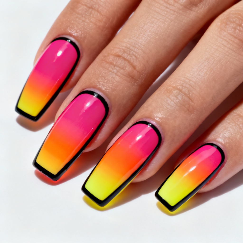 AI neon ombre coffin nail design with black contours