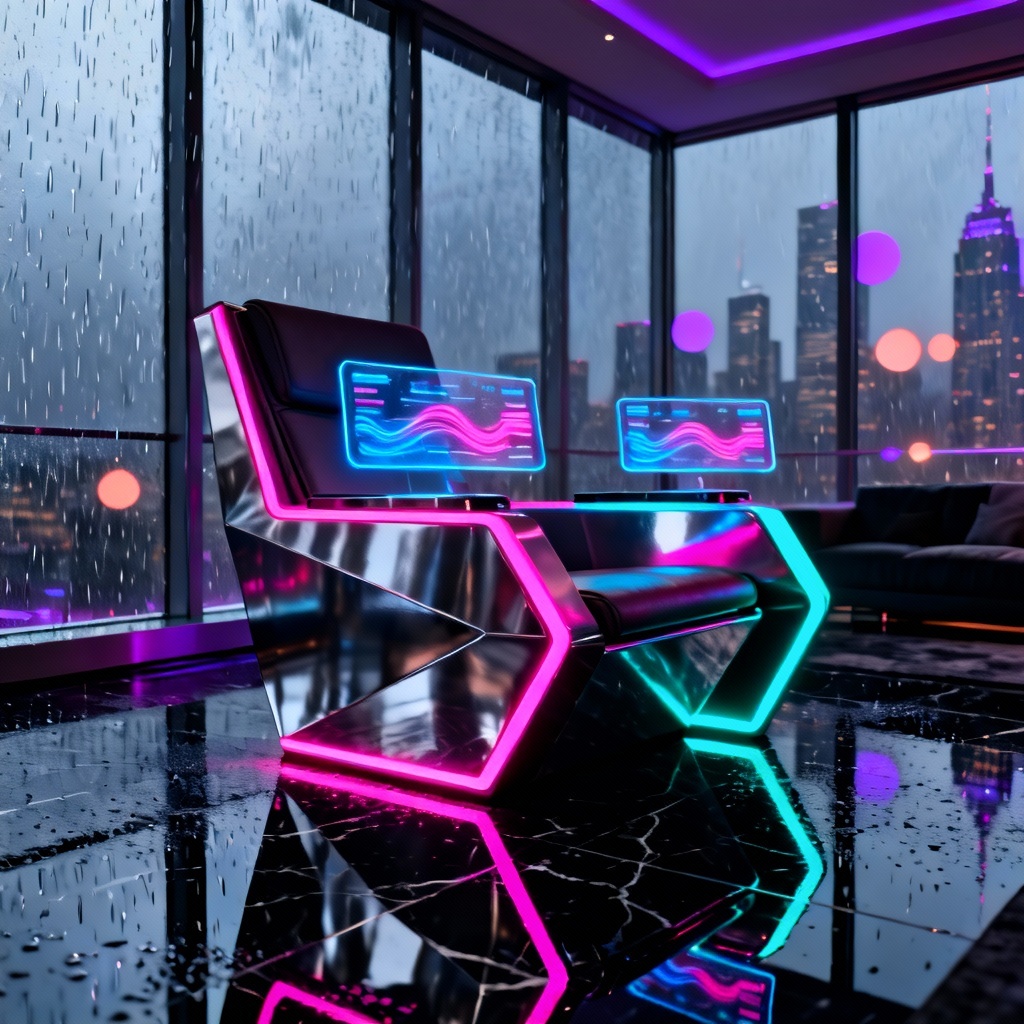 AI neon cyberpunk throne with holograms