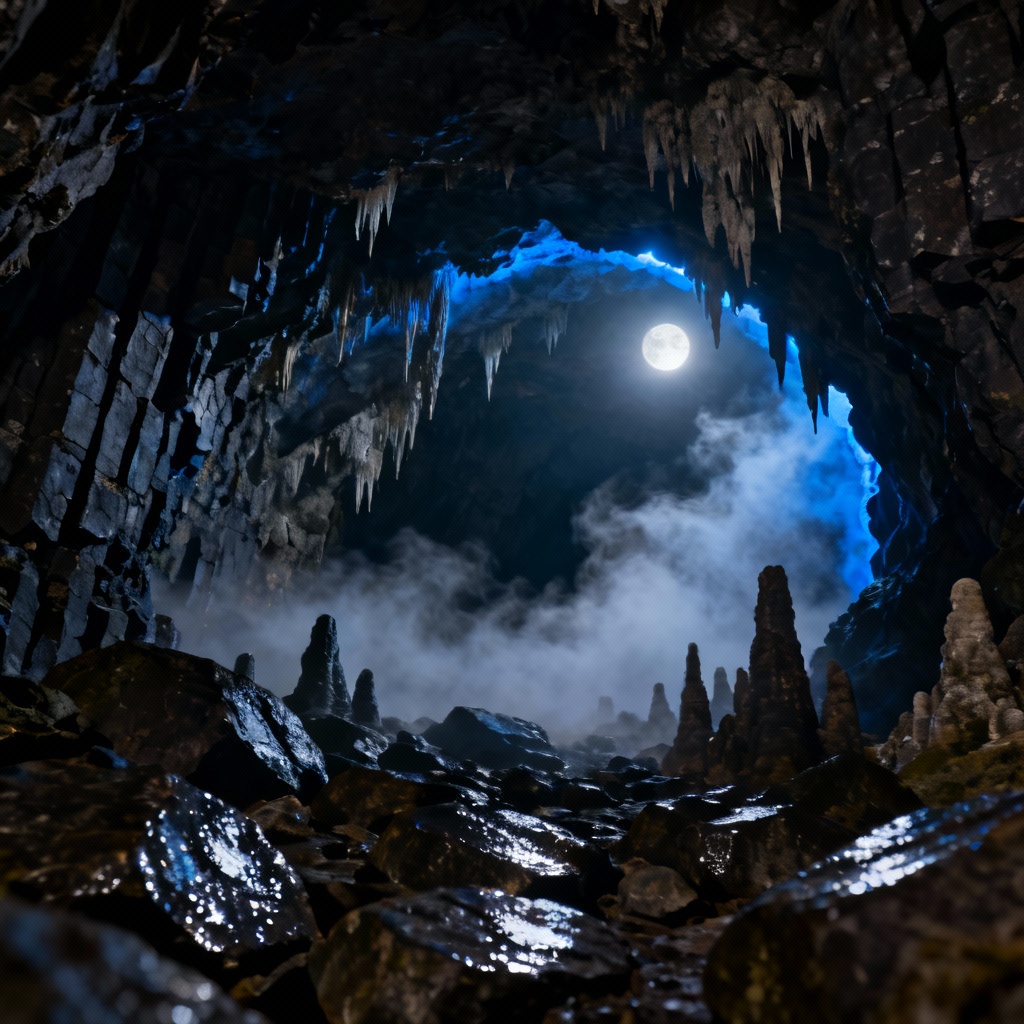 AI cave image of a moonlit basalt cave entrance with mist