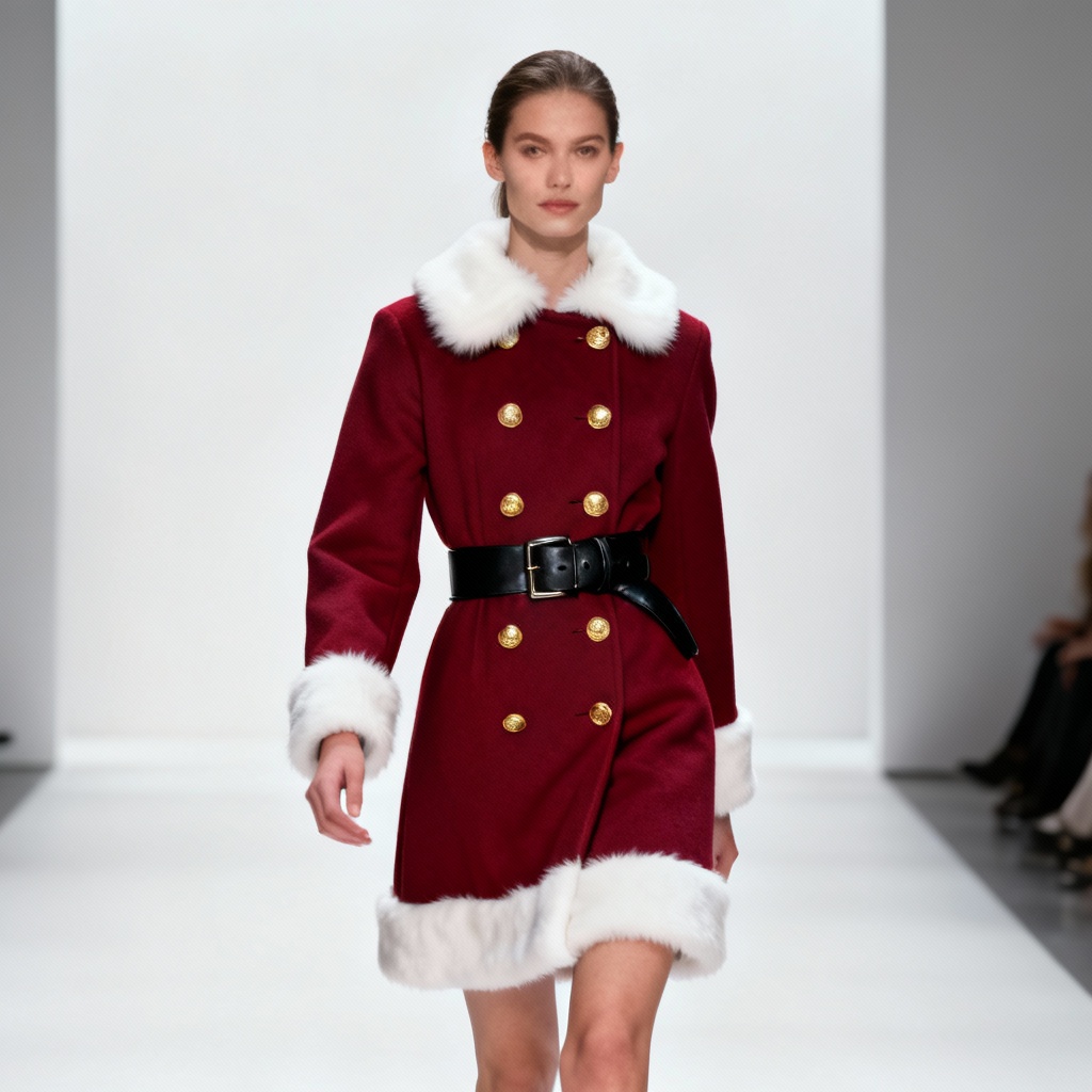 AI Santa-inspired coat dress with white faux fur trim
