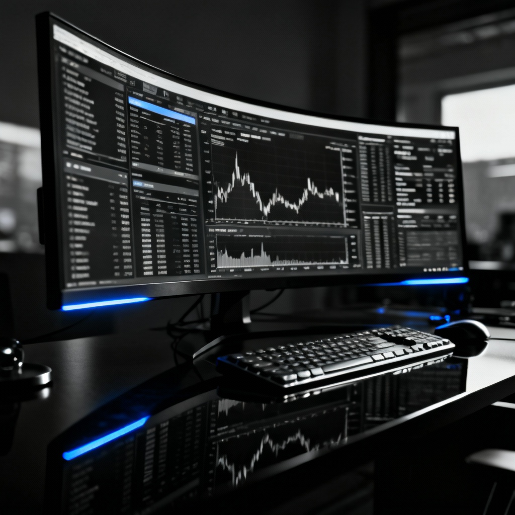 Ultra-wide monitor trading dashboard mockup