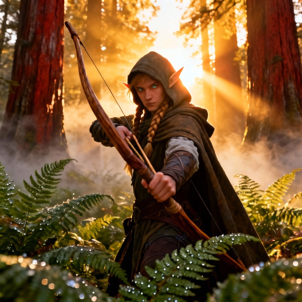 AI wood elf archer at sunrise in misty forest