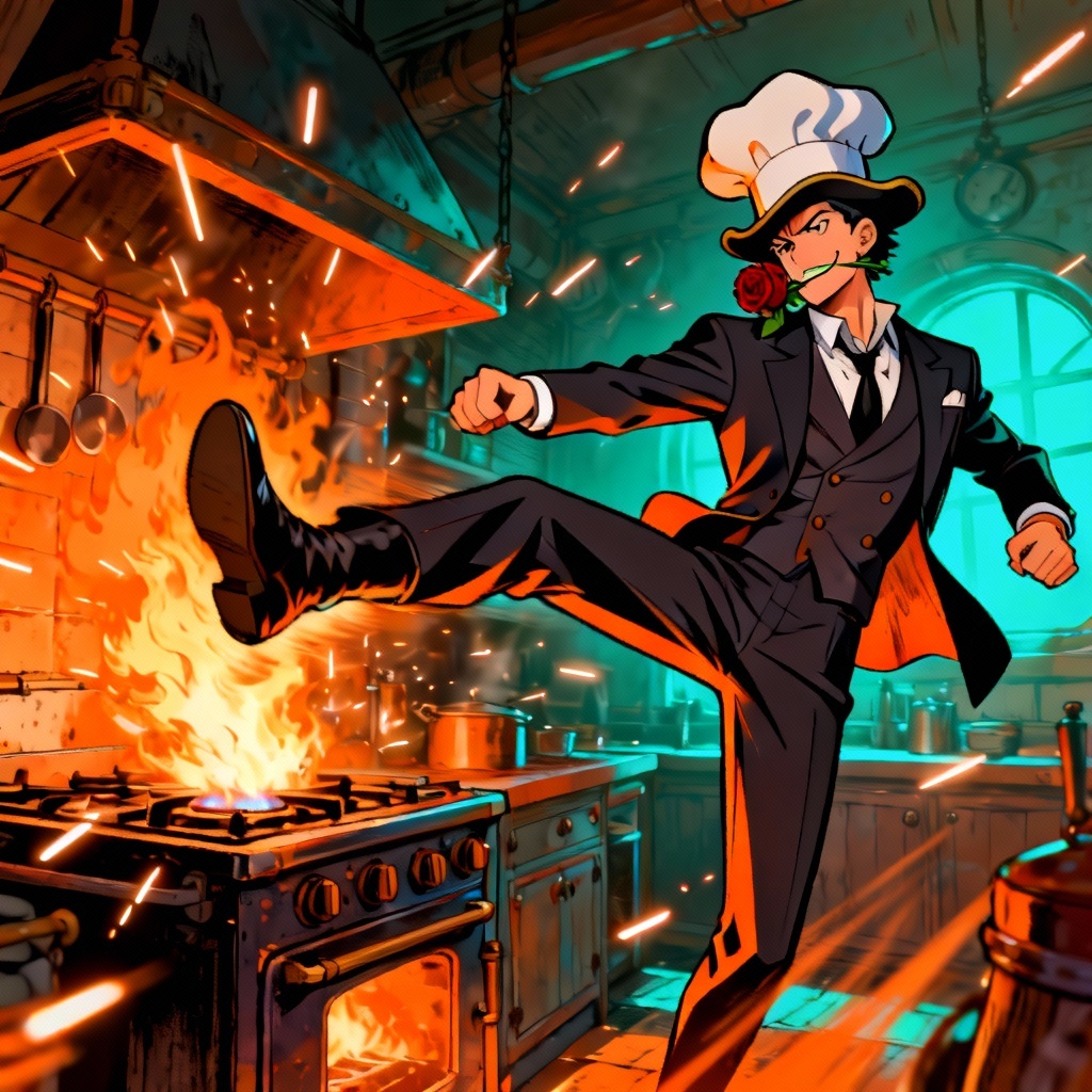 AI One Piece chef fighter using flaming kick