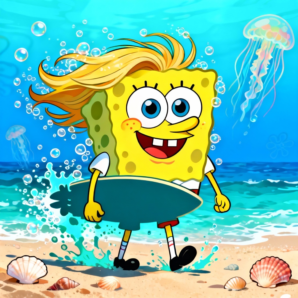 AI Spongebob style surfer portrait with ocean elements