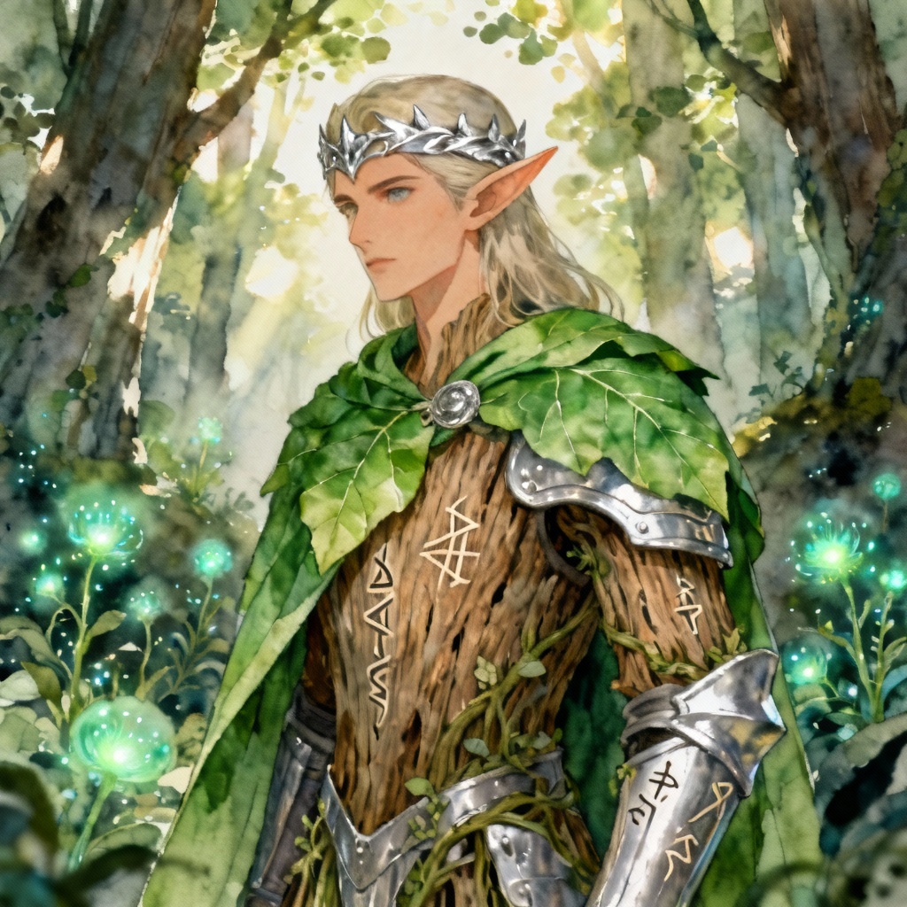 Elven forest lord wearing emerald cloak among ancient trees