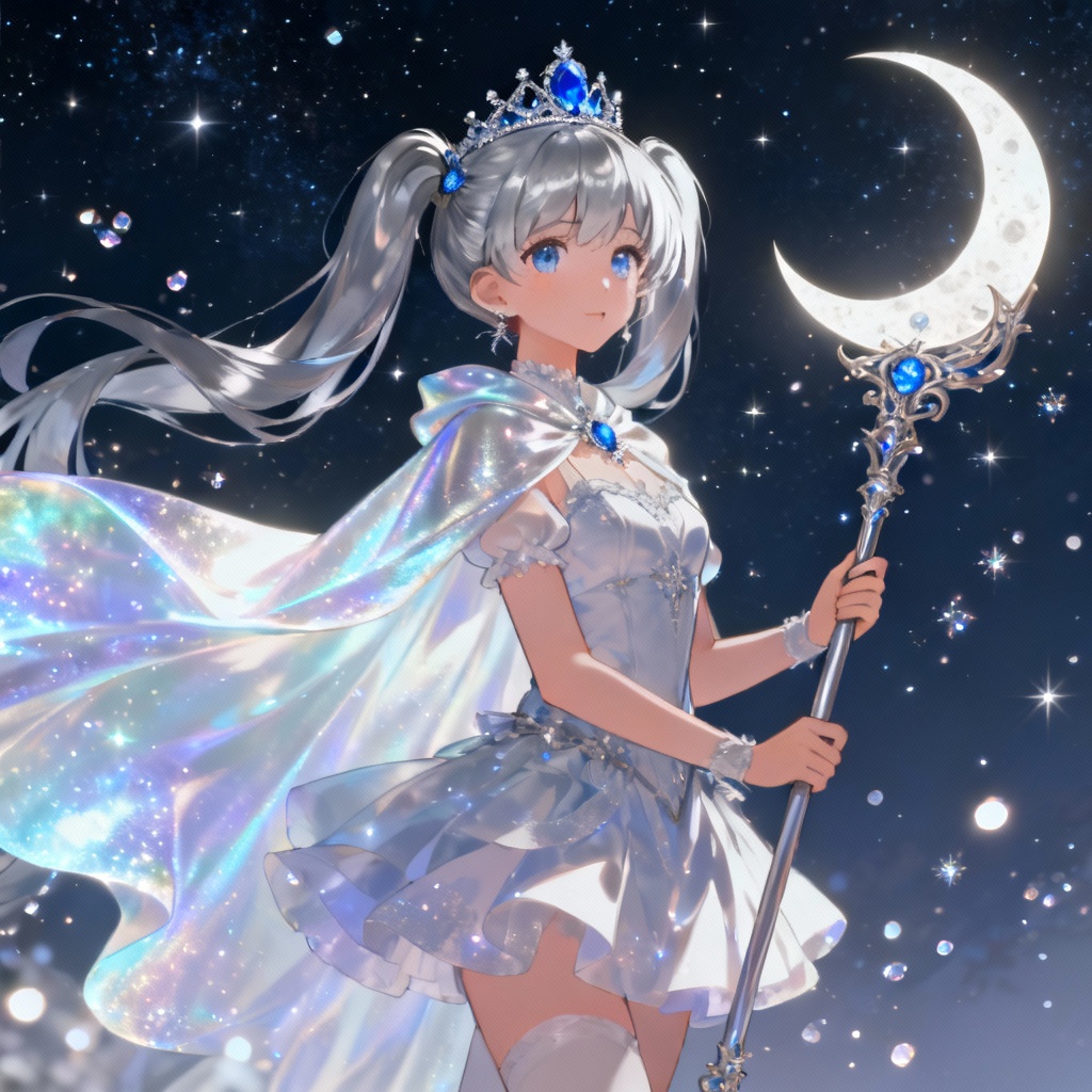 AI celestial moon magical girl with crescent staff under starry sky
