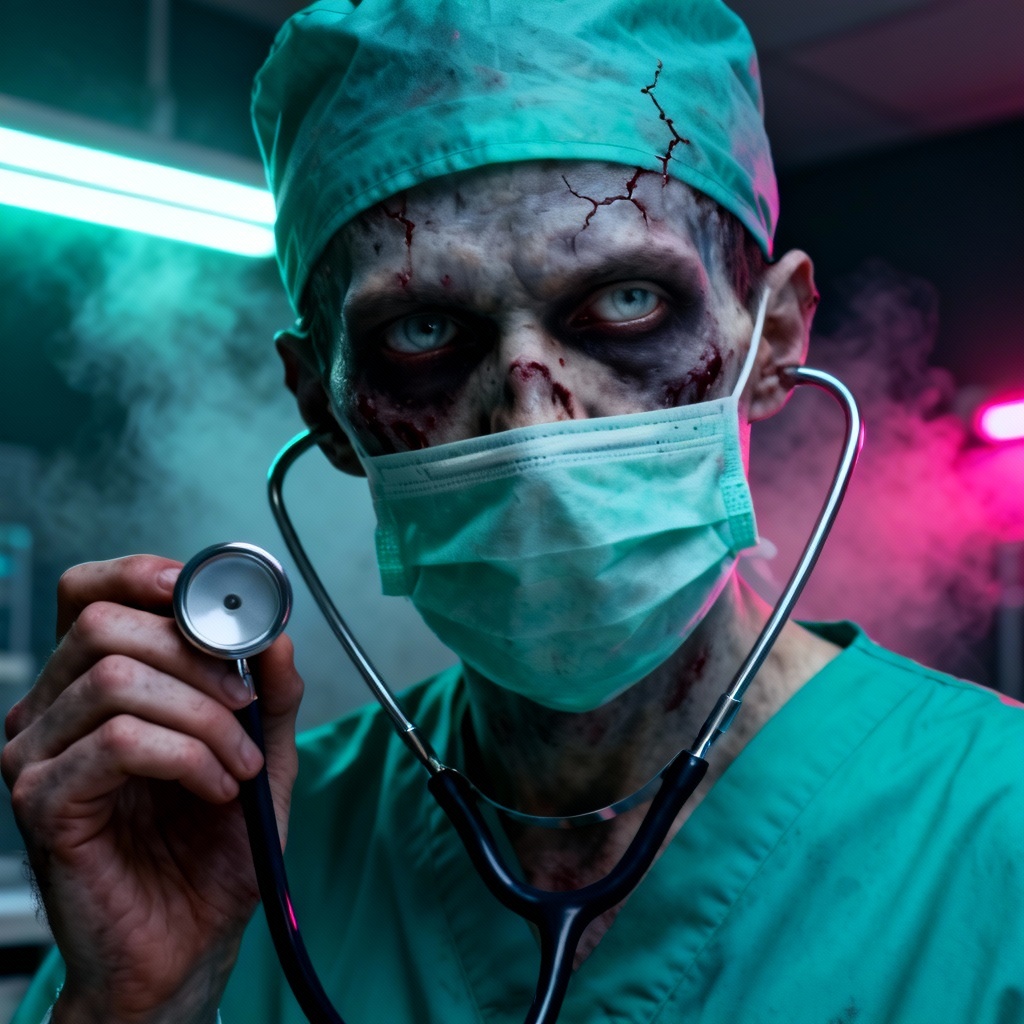 AI generated zombie doctor in surgical scrubs with eerie hospital lighting