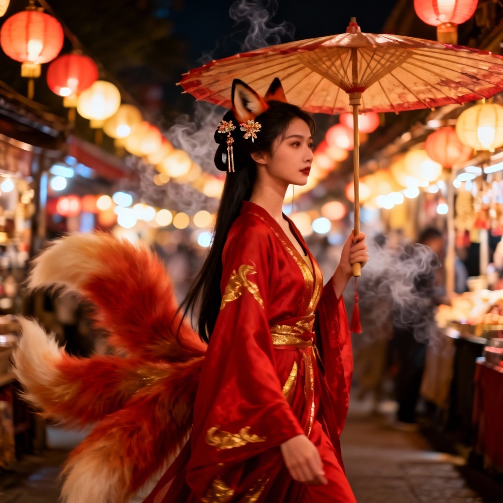 AI image of a nine-tailed fox spirit in a lantern night market