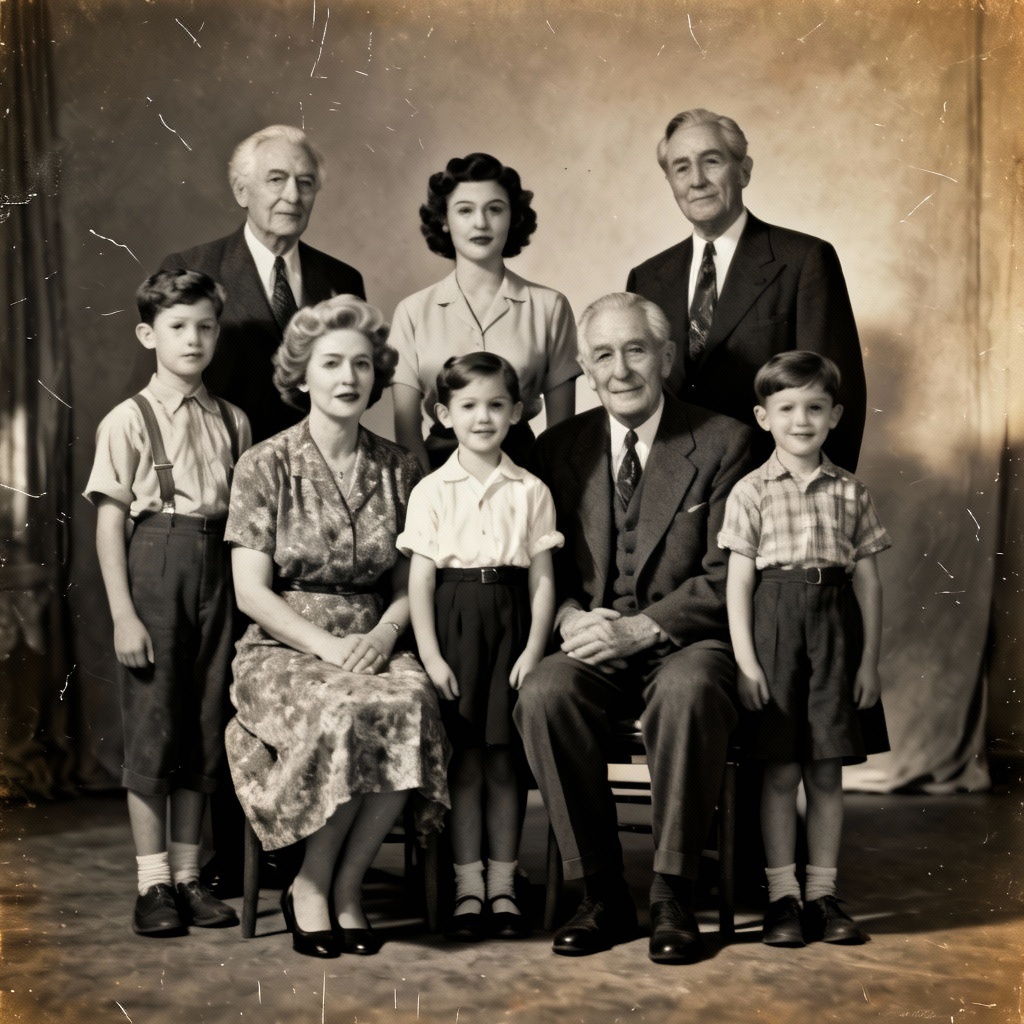 AI vintage black and white multigenerational family portrait