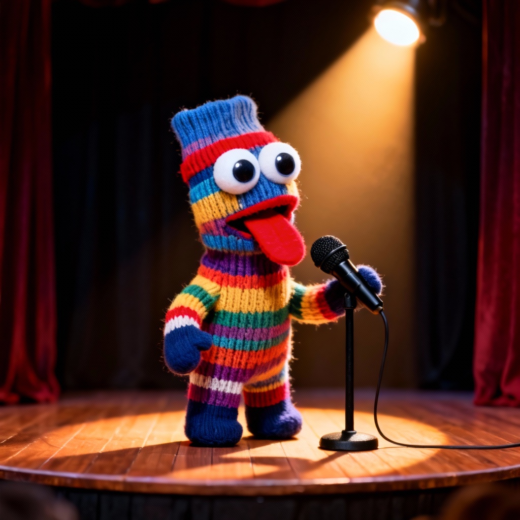 AI sock puppet comedian with googly eyes on a mini stage