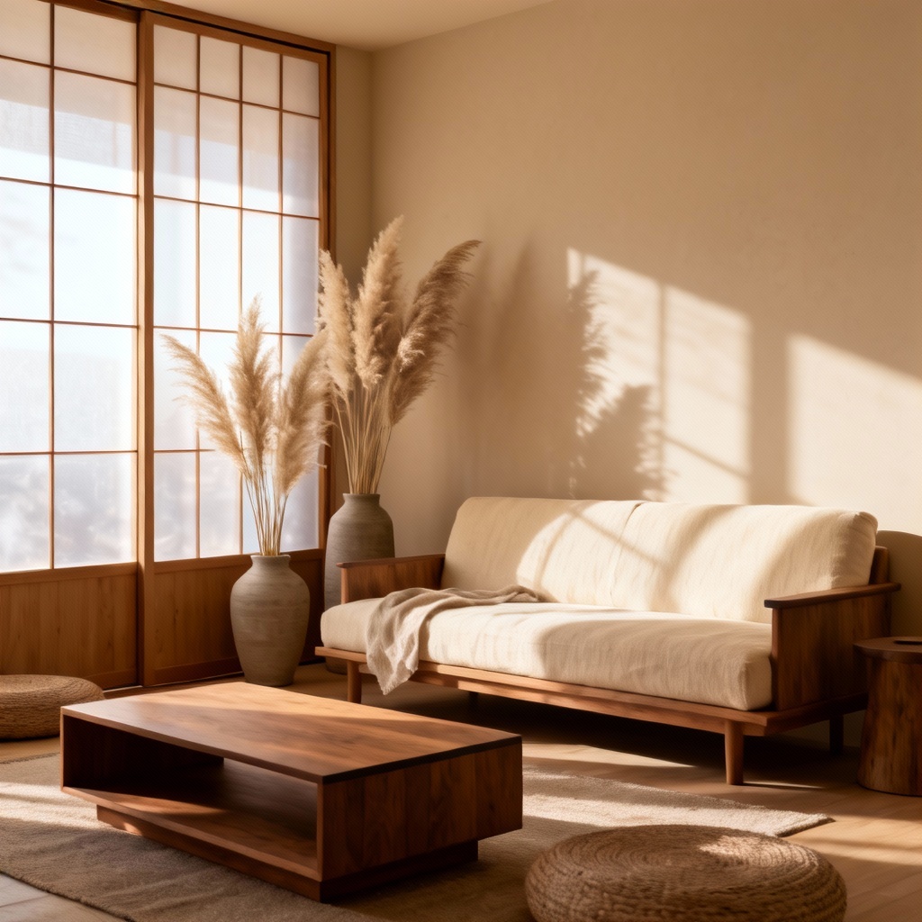 AI Japandi living room decoration with neutral palette and low furniture