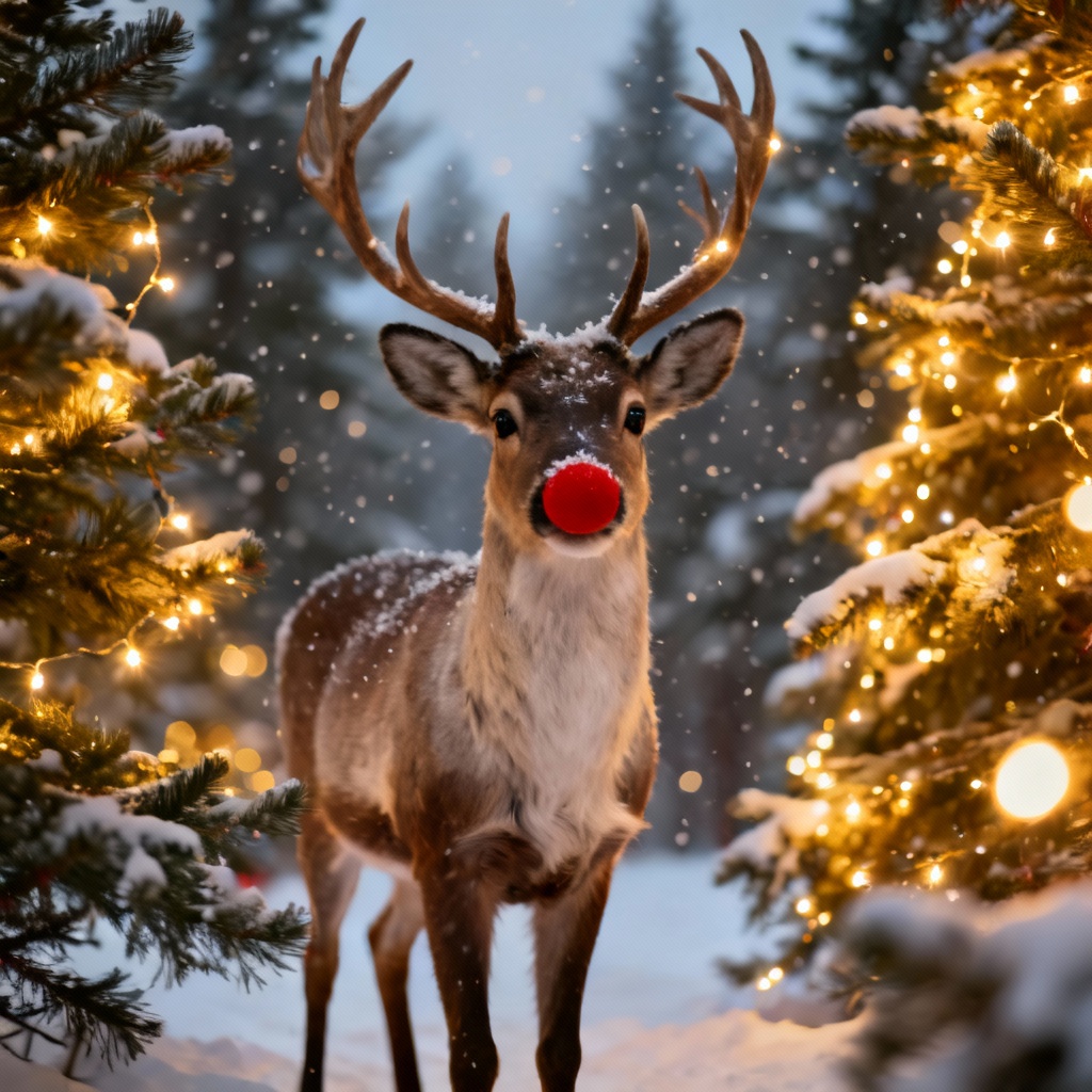 AI-generated Christmas reindeer in a snowy forest with warm lights