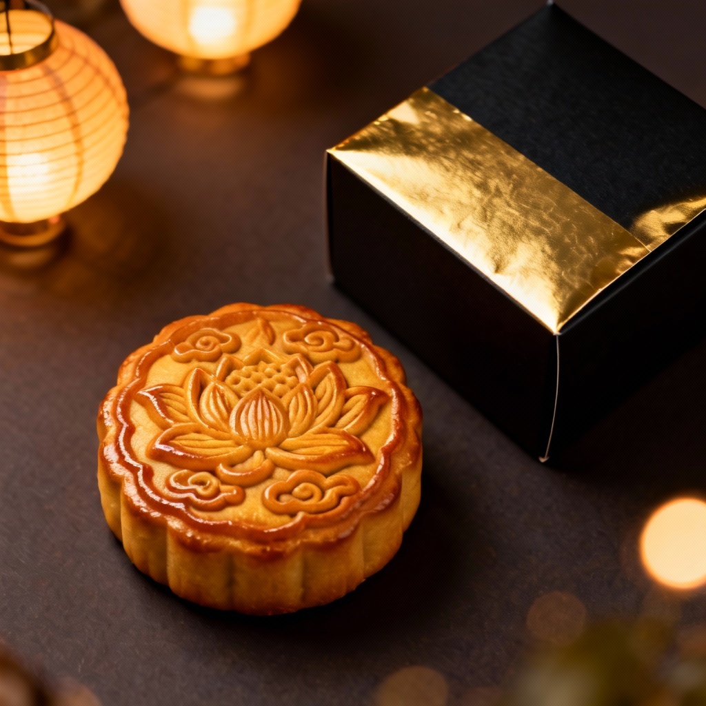 AI generated mooncake with embossed lotus stamp and gold foil box