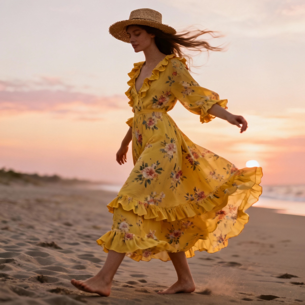 AI boho floral yellow maxi dress on the beach