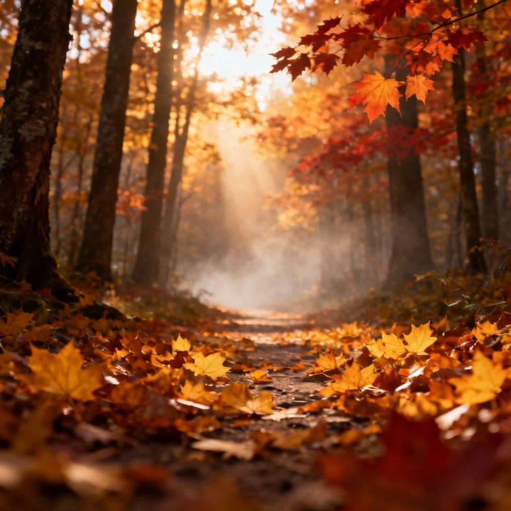 AI generated autumn forest path with golden maple leaves