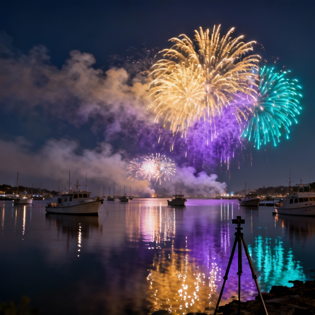 AI harbor panorama with 2026 fireworks reflecting on water