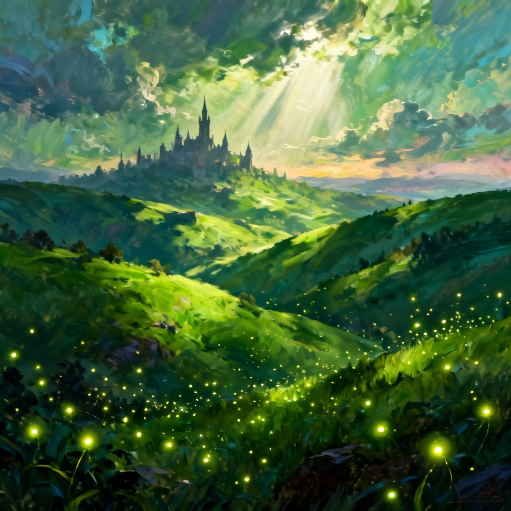 AI fantasy emerald rolling hills concept art