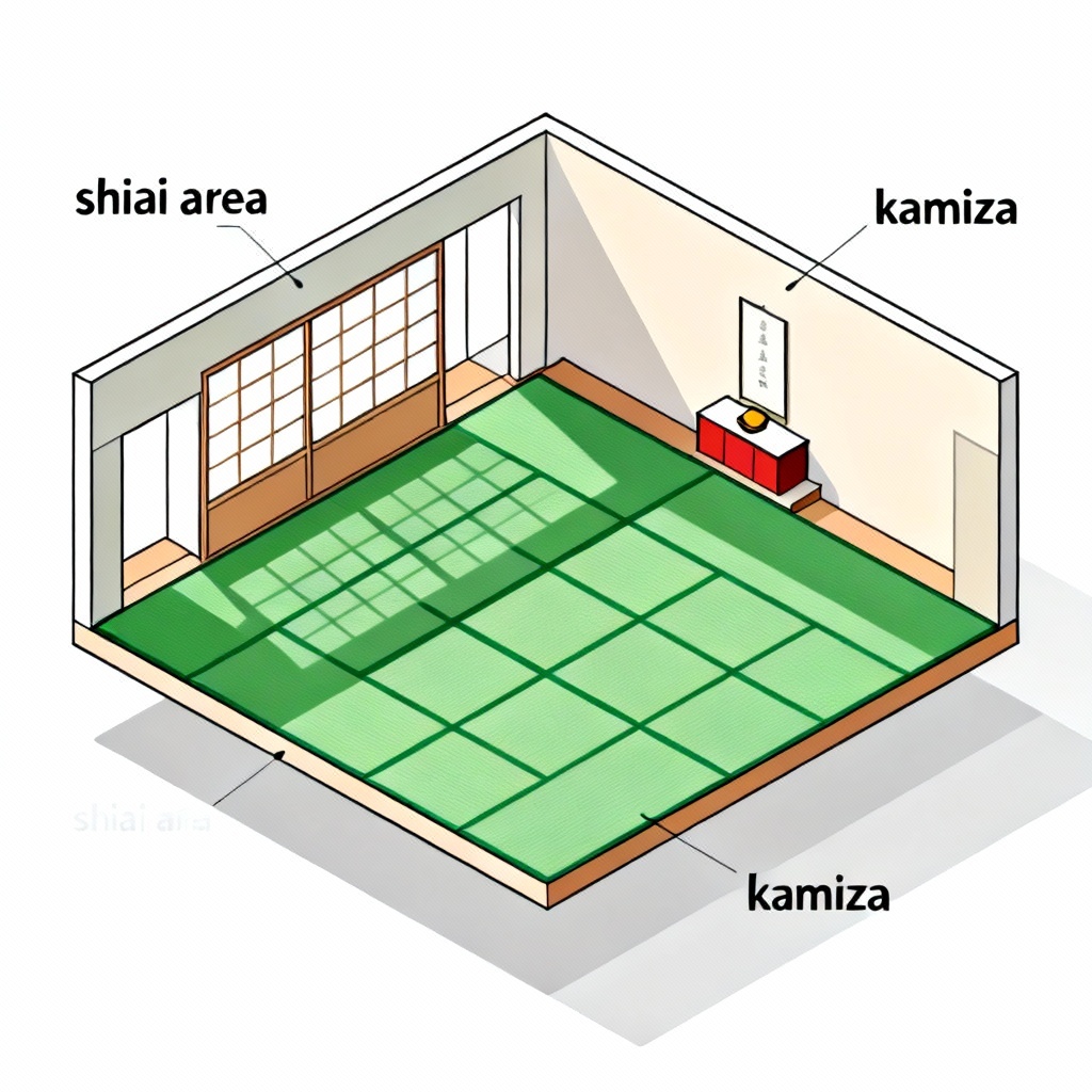 Isometric dojo layout with tatami zones labeled