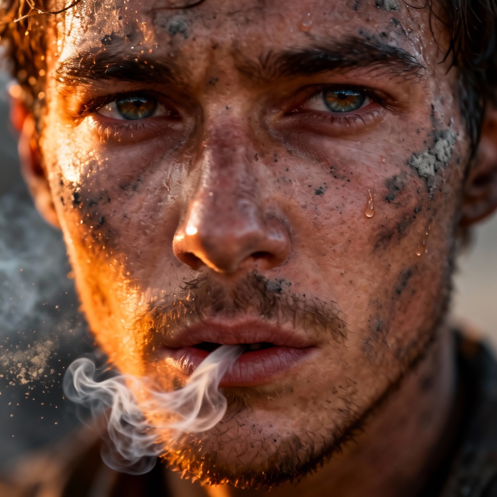 Closeup ash survivor portrait with smoke wisps