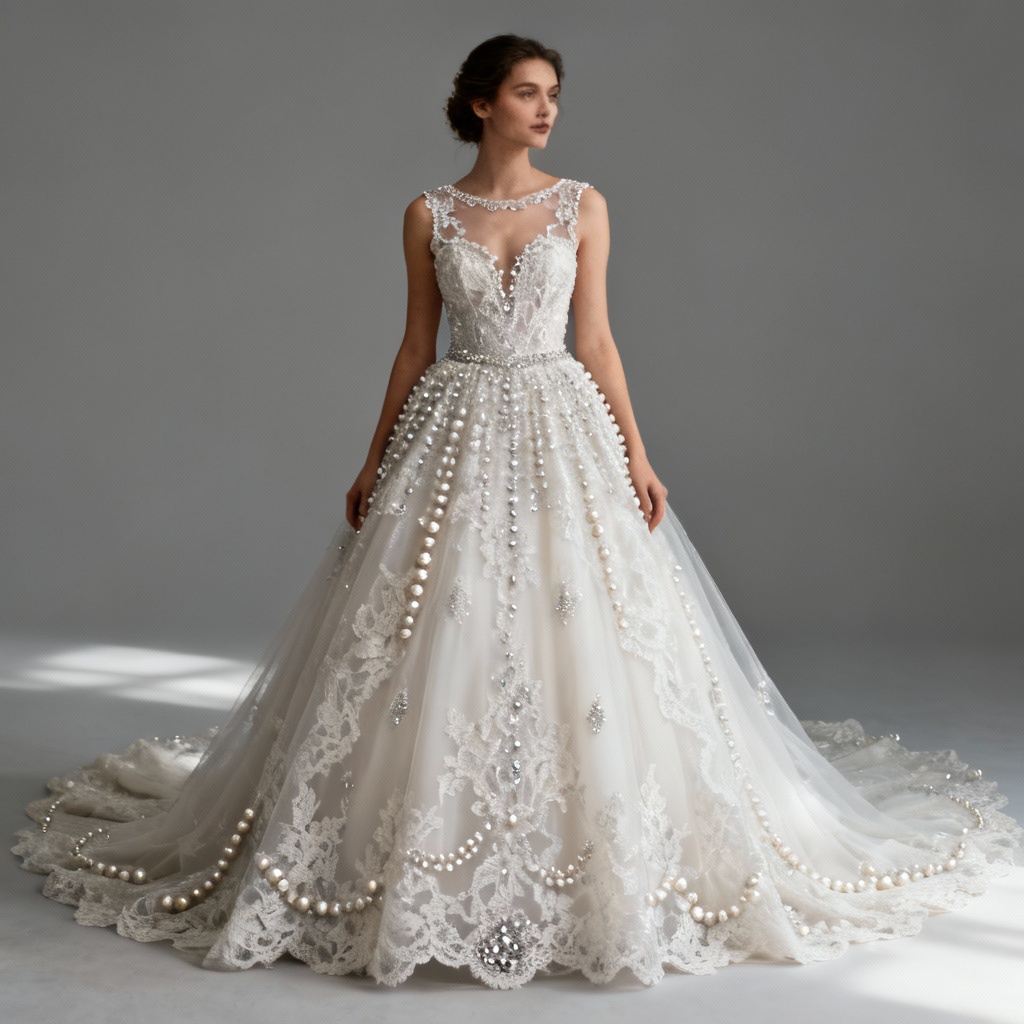AI wedding dress design lace ball gown with illusion neckline
