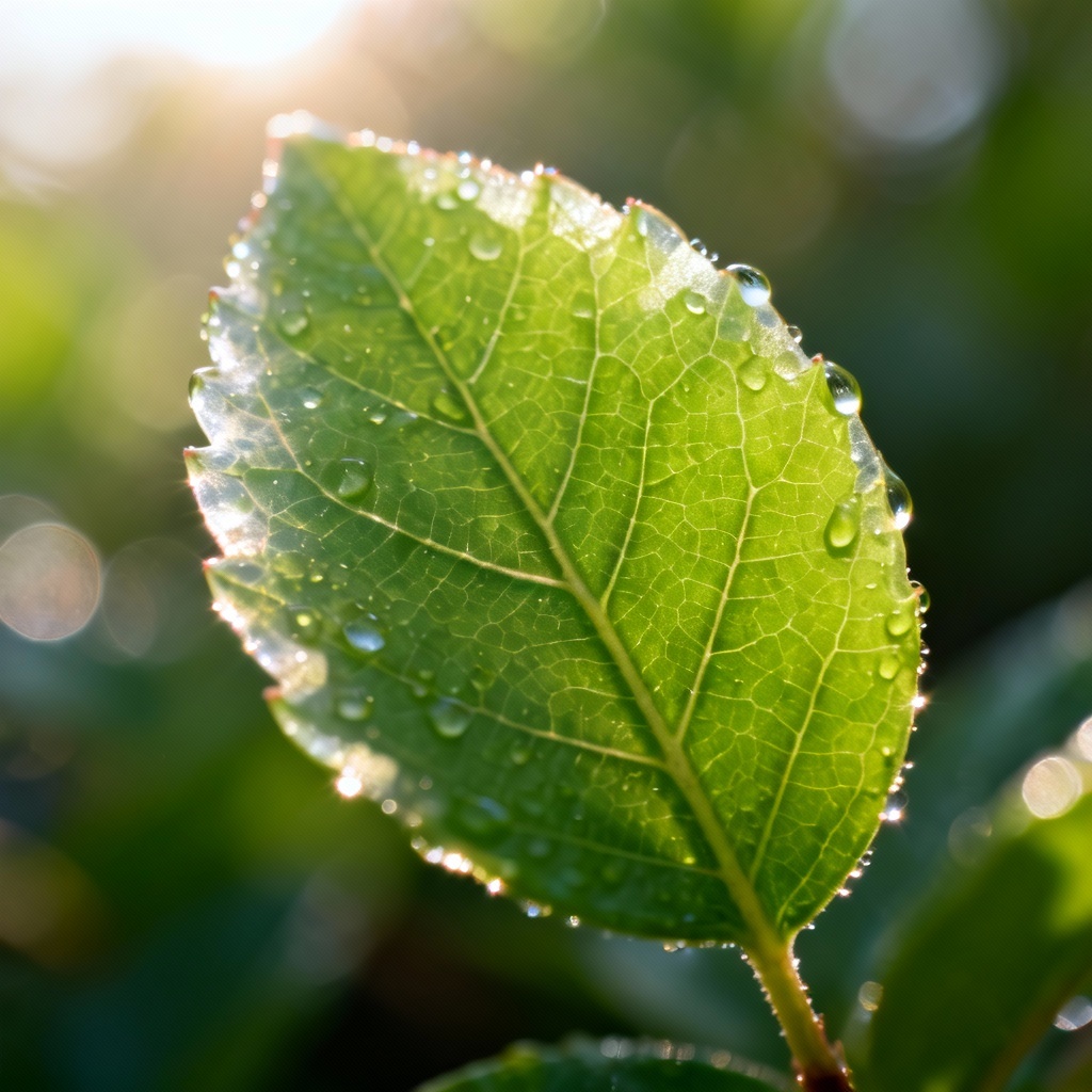 AI macro of green leaf with dew drops and visible veins