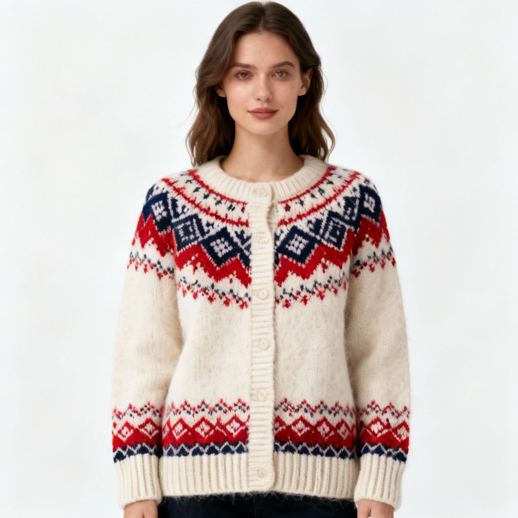AI Fair Isle cardigan mockup on model