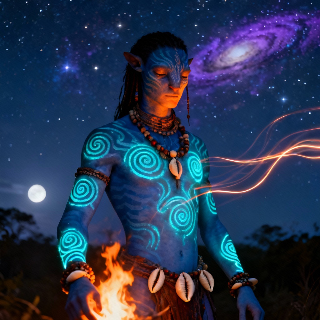 Shaman-style avatar with glowing patterns under starlit sky
