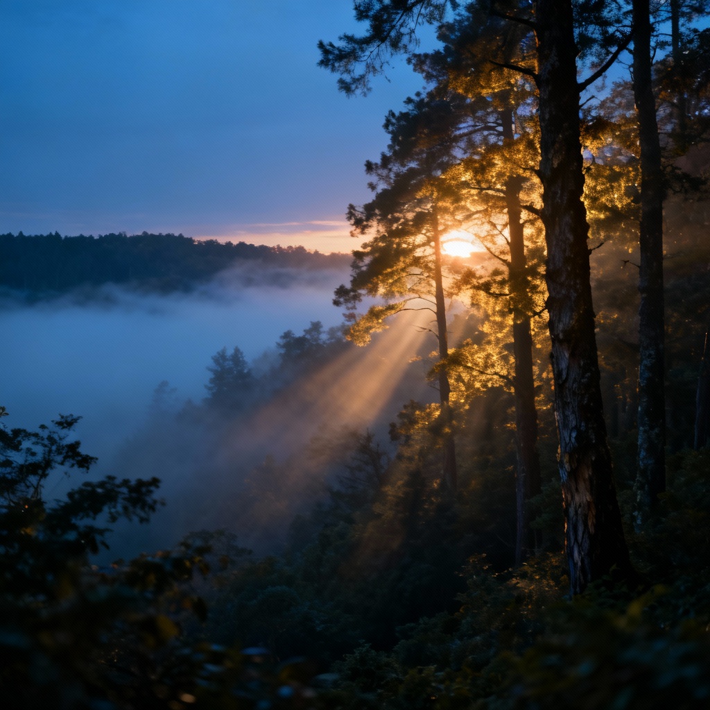 AI twilight forest scene with mist and soft rays