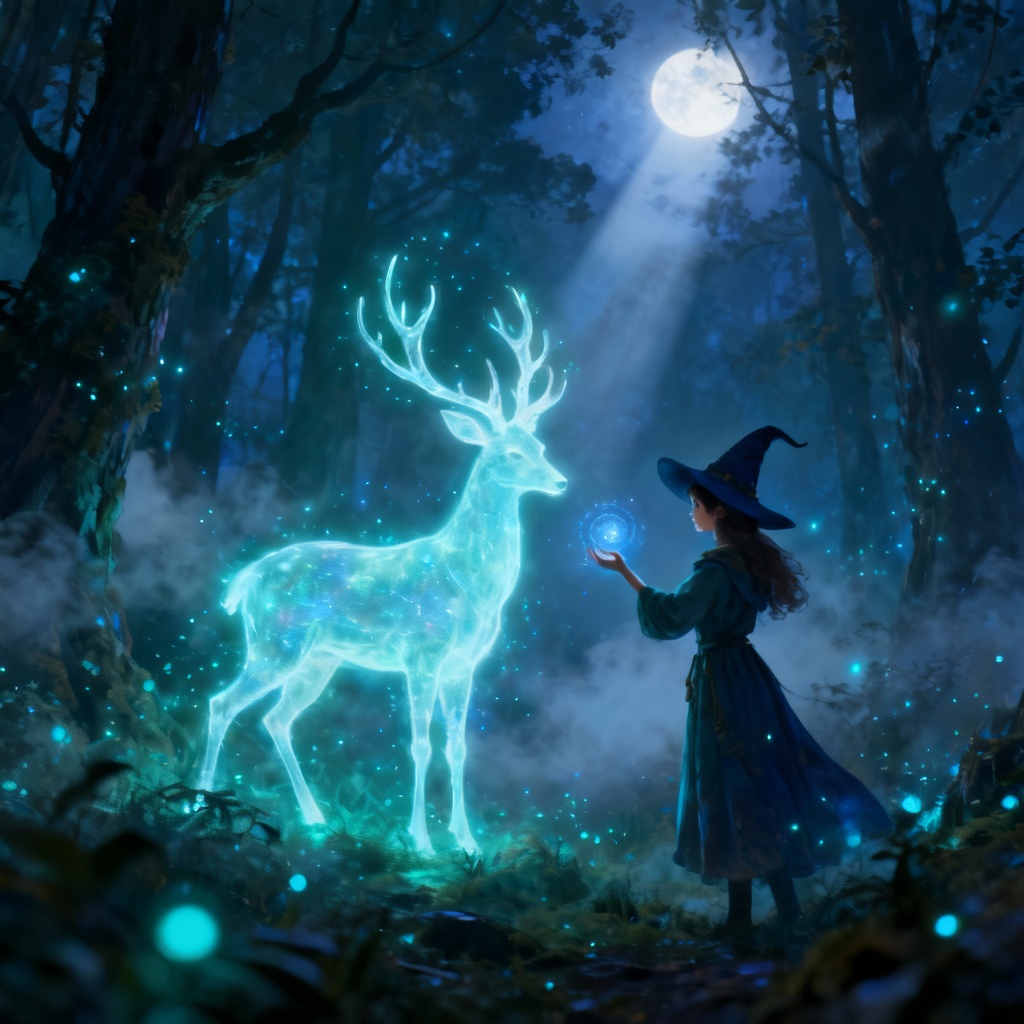 AI luminous spirit spell in a moonlit forest