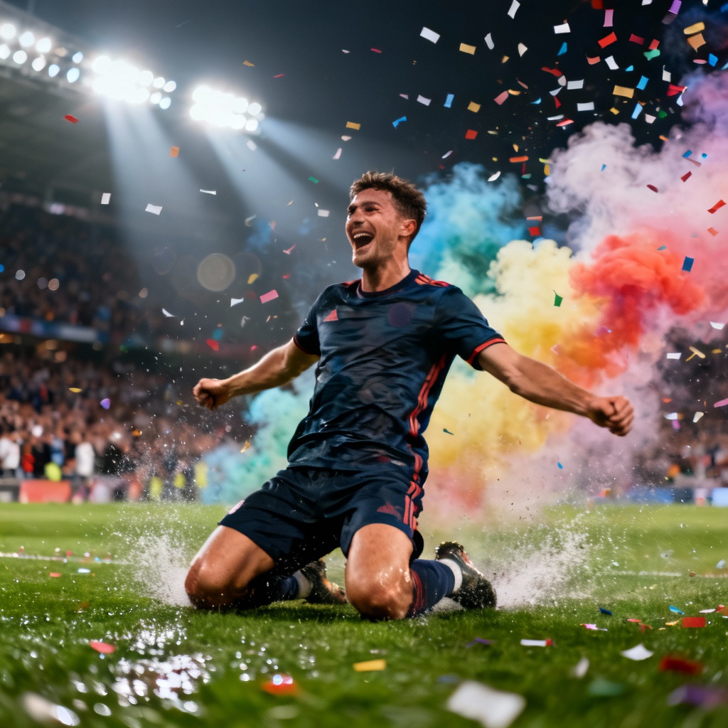 AI soccer player knee slide celebration