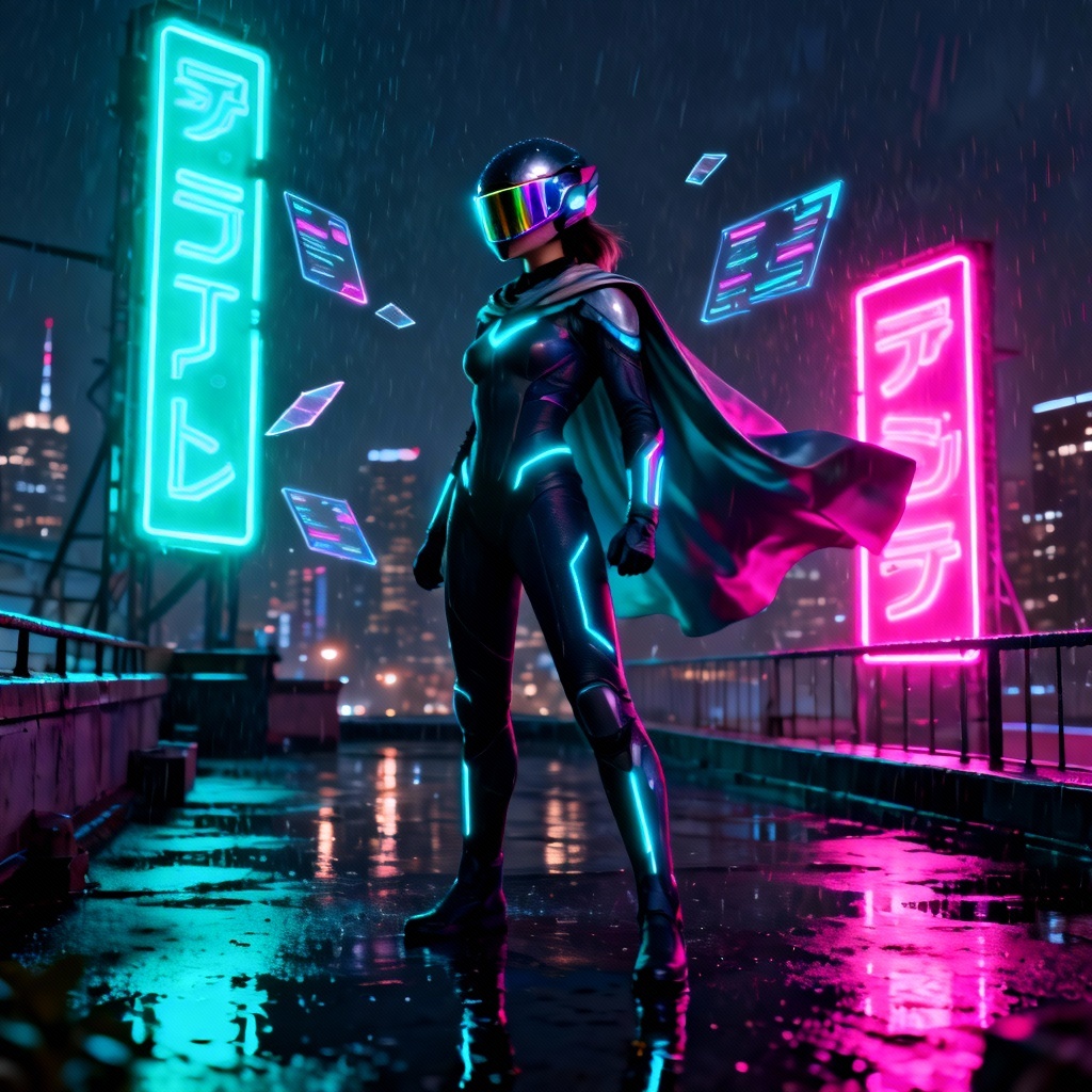 AI Female Hero in neon cyberpunk armor