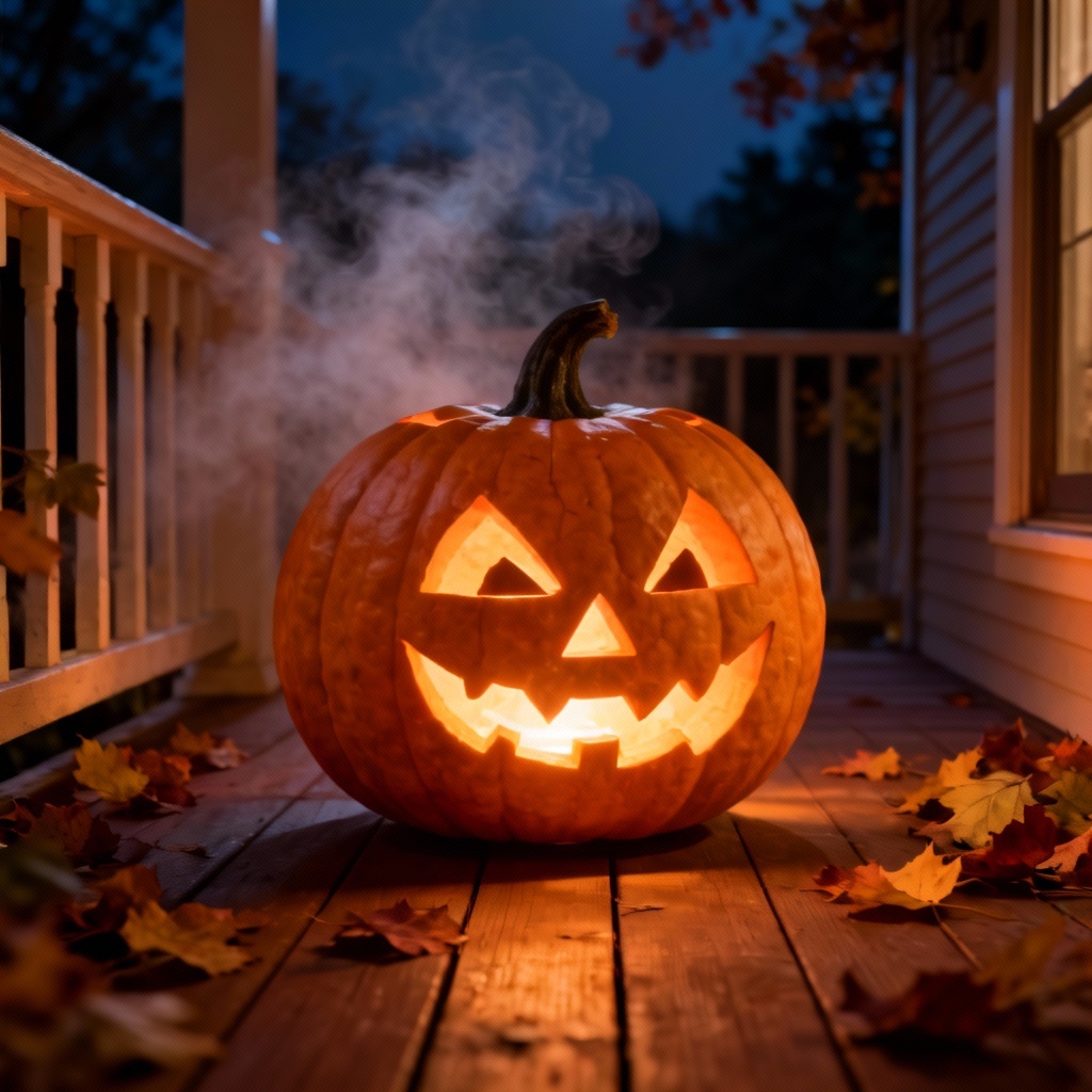 AI pumpkin lamp glowing on a wooden porch at night