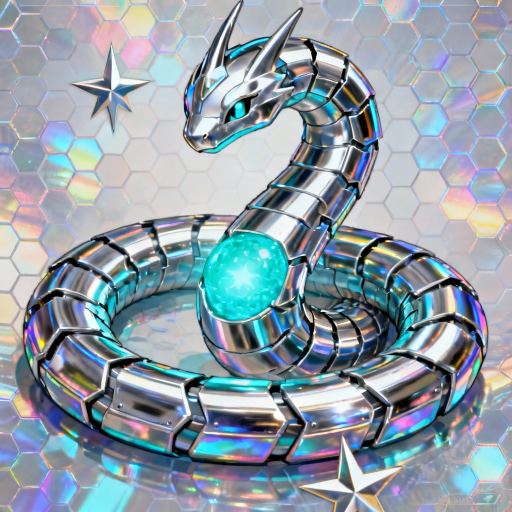 AI Water Steel Fakemon serpent in holographic card style