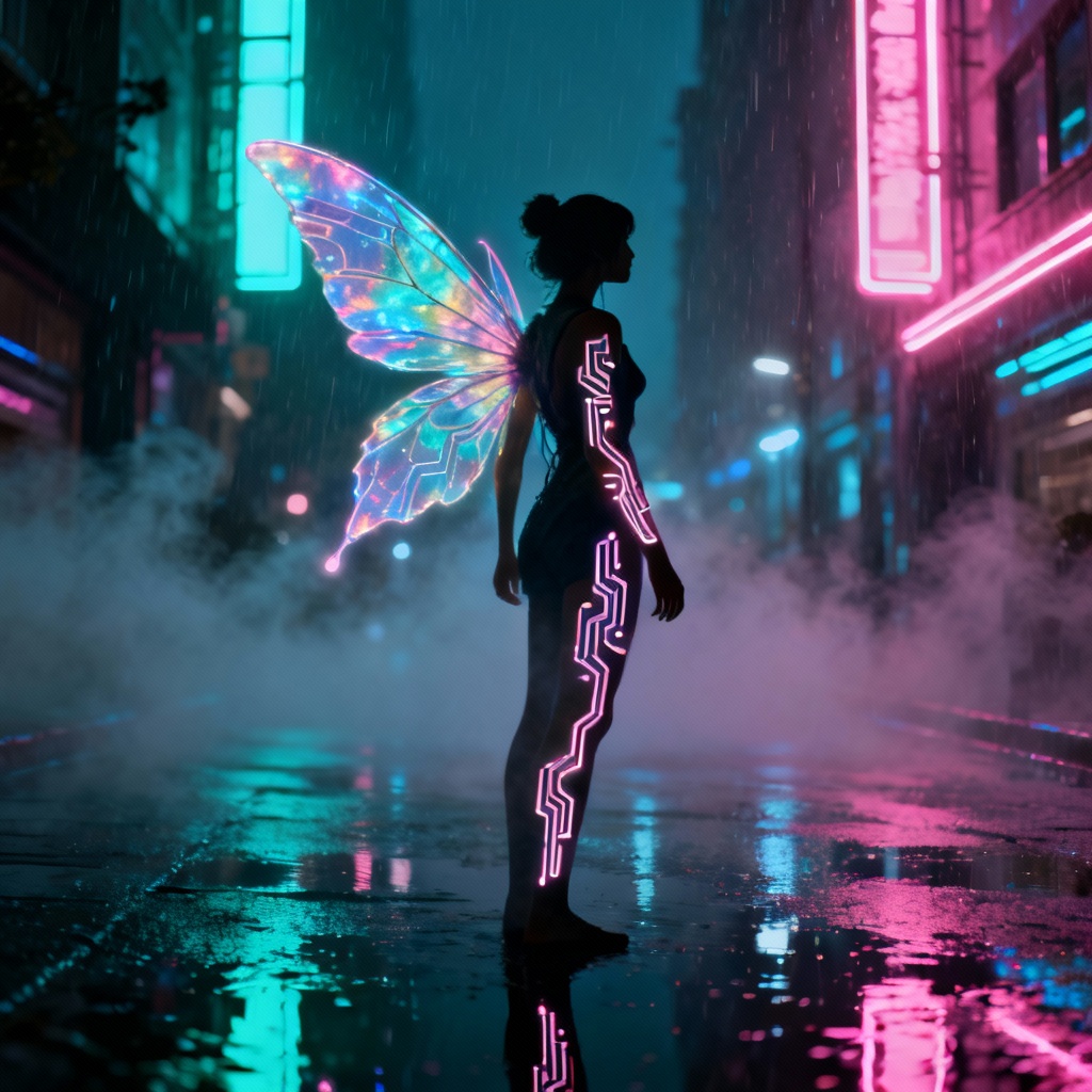 Futuristic neon city fairy with holographic wings