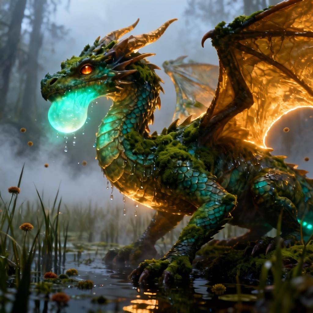 AI concept art of a bioluminescent swamp dragon in misty marsh
