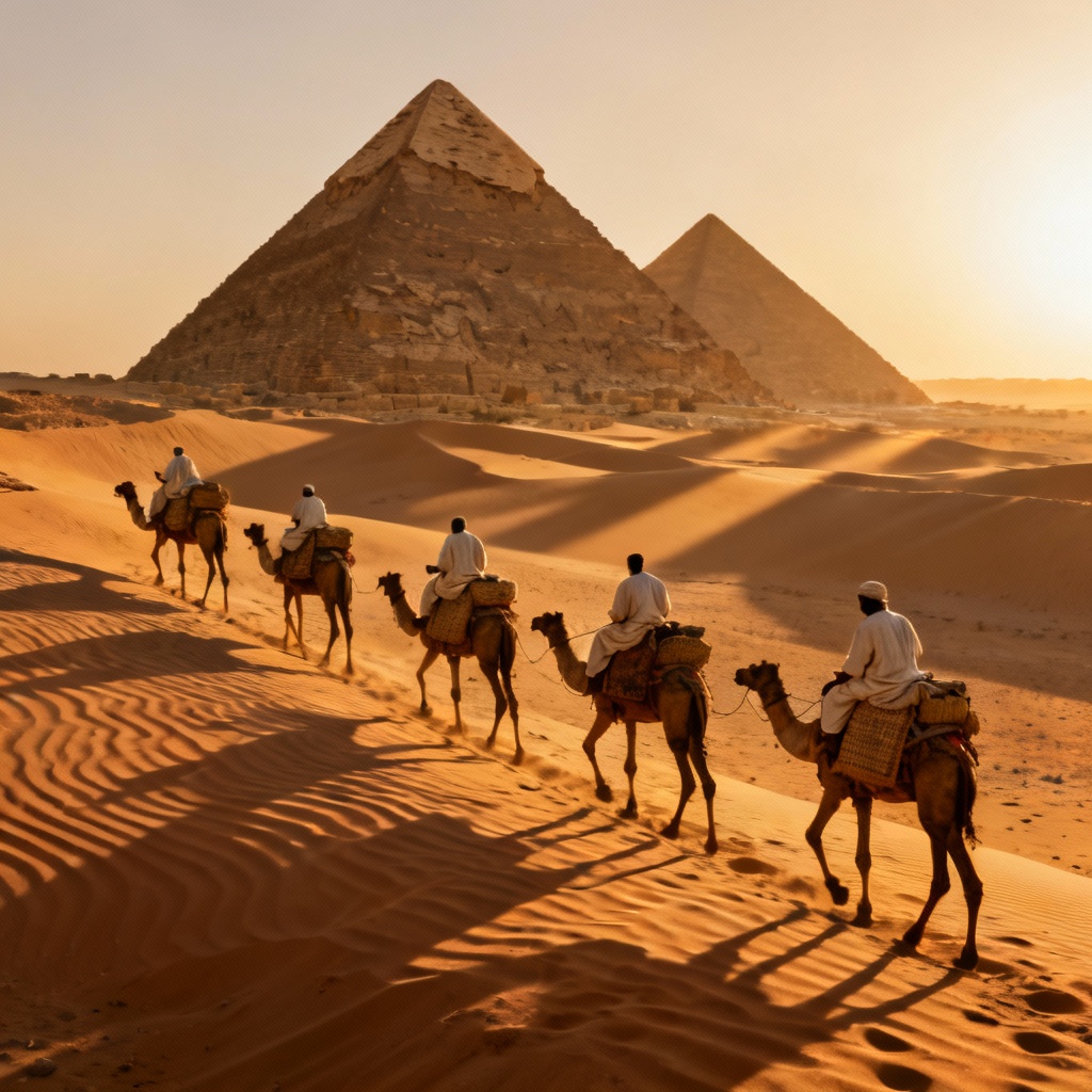 AI Egyptian caravan by pyramids at sunset
