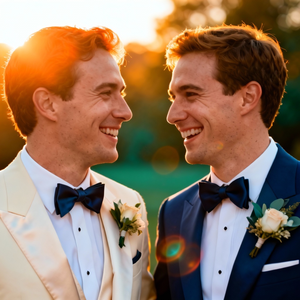 AI gay wedding photo of two grooms at sunset
