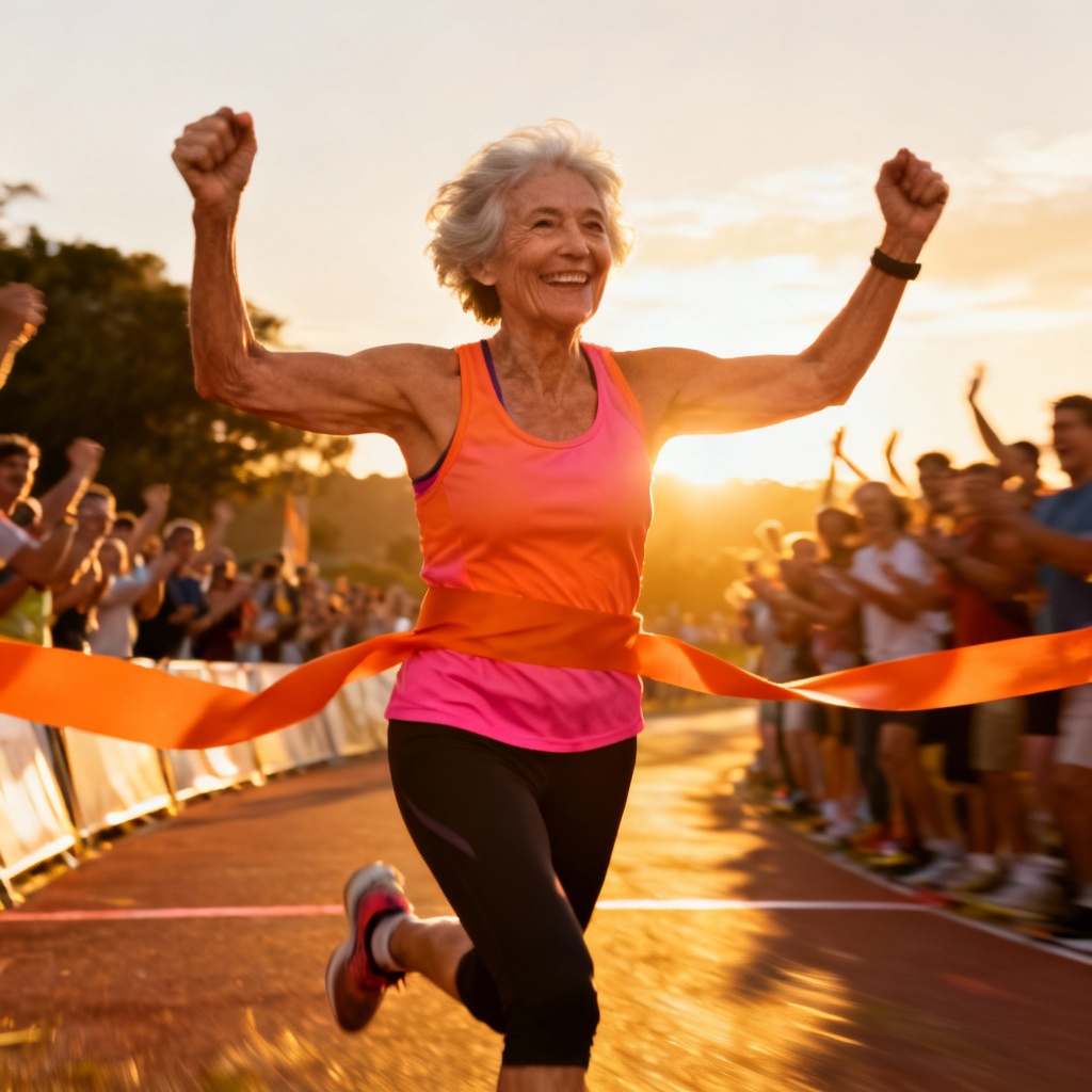 Elderly athlete crossing marathon finish line