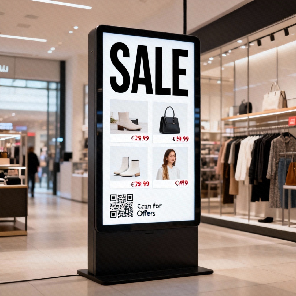 AI retail sale noticeboard with promo highlights and QR code